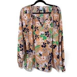 Cabi Tan Floral Long Sleeve Boho Blouse Womens L Casual Shirt Top